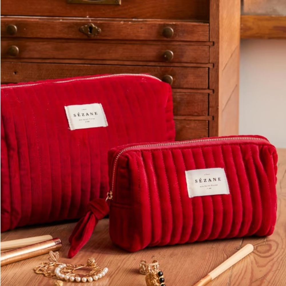 Sezane Beauty Pouch Parisian French Cosmetics Case Makeup Bag Red Velvet